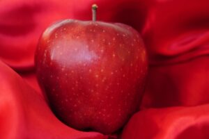 vibrant red apple on luxurious fabric